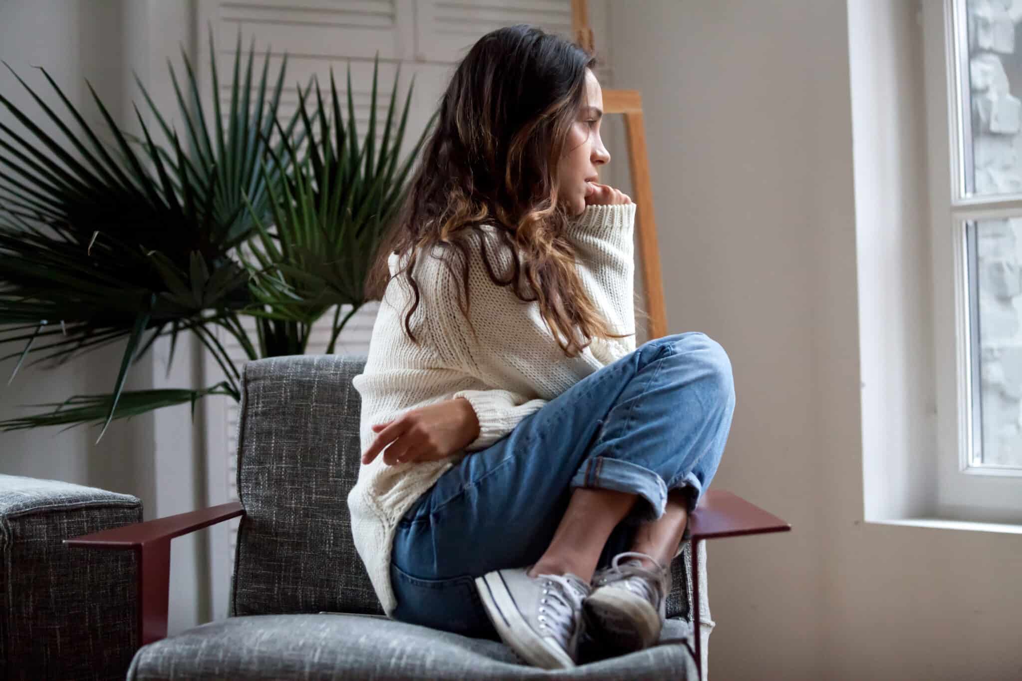 Sad,Thoughtful,Teen,Girl,Sits,On,Chair,Feels,Depressed,,Offended