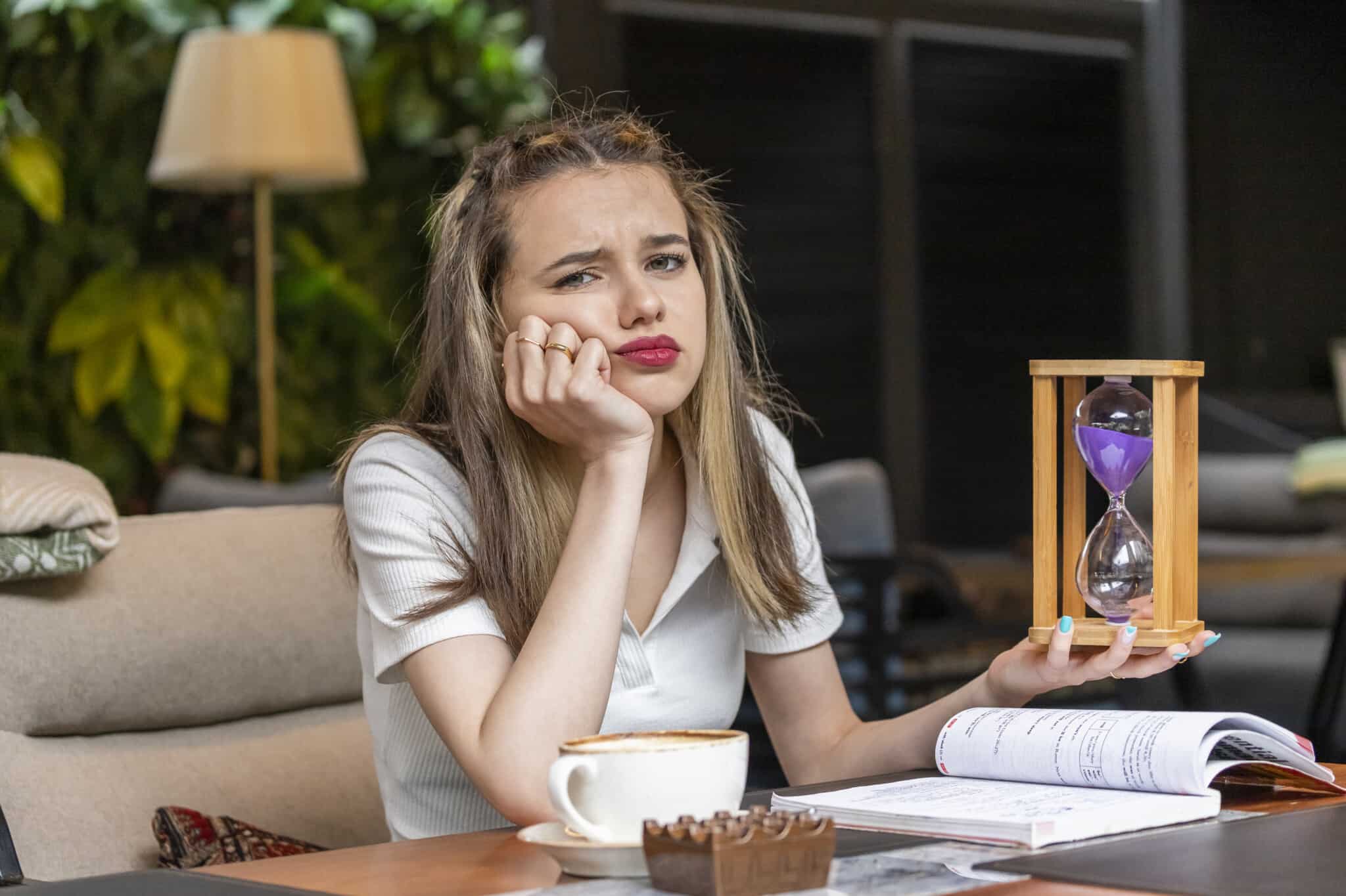 Thoughtful lady holding hourglass and looking at the camera. High quality photo