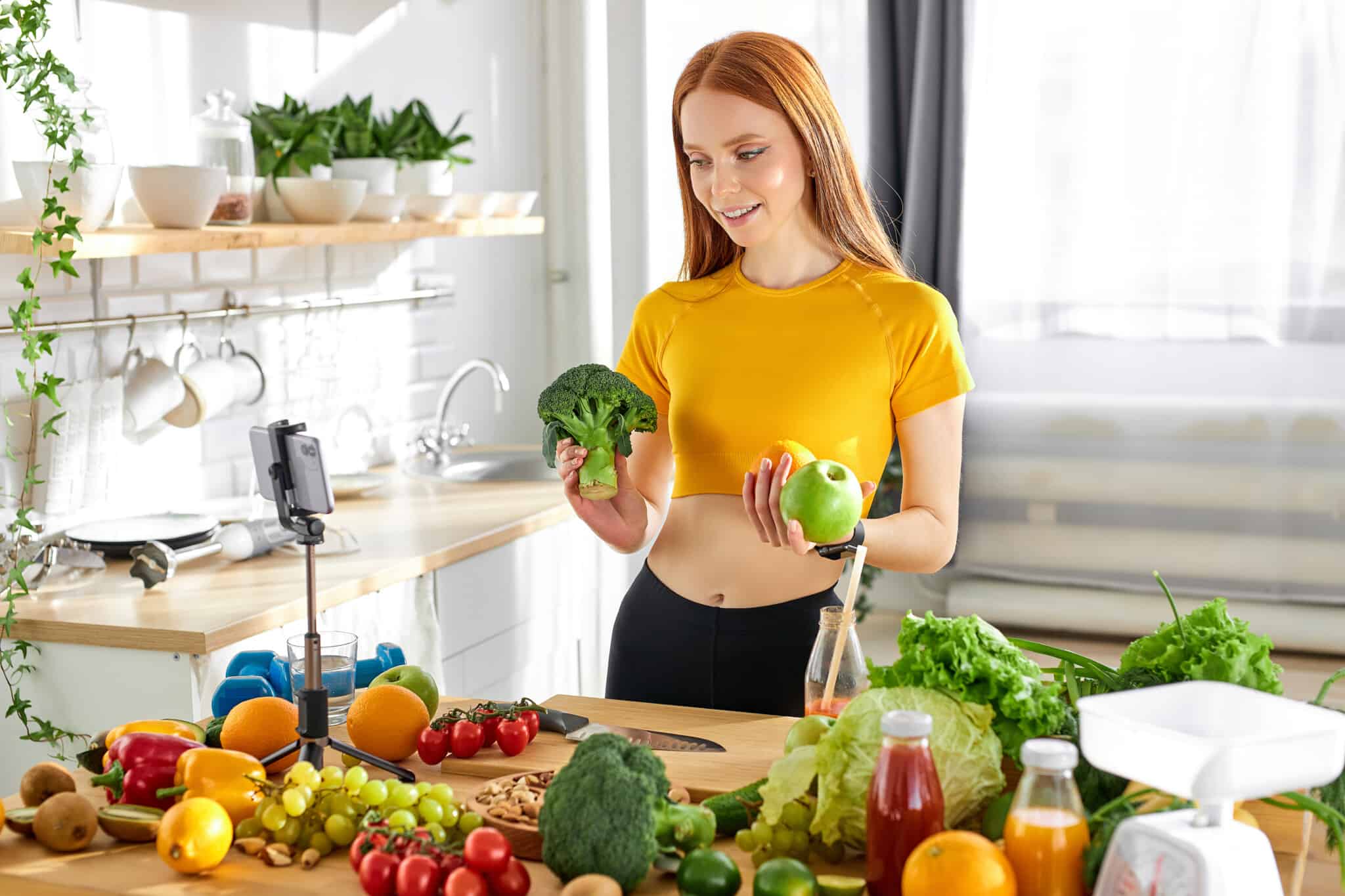 Charming,Woman,Presenting,Food,Ingredients,For,Culinary,Podcast,Viewers.,Healthy