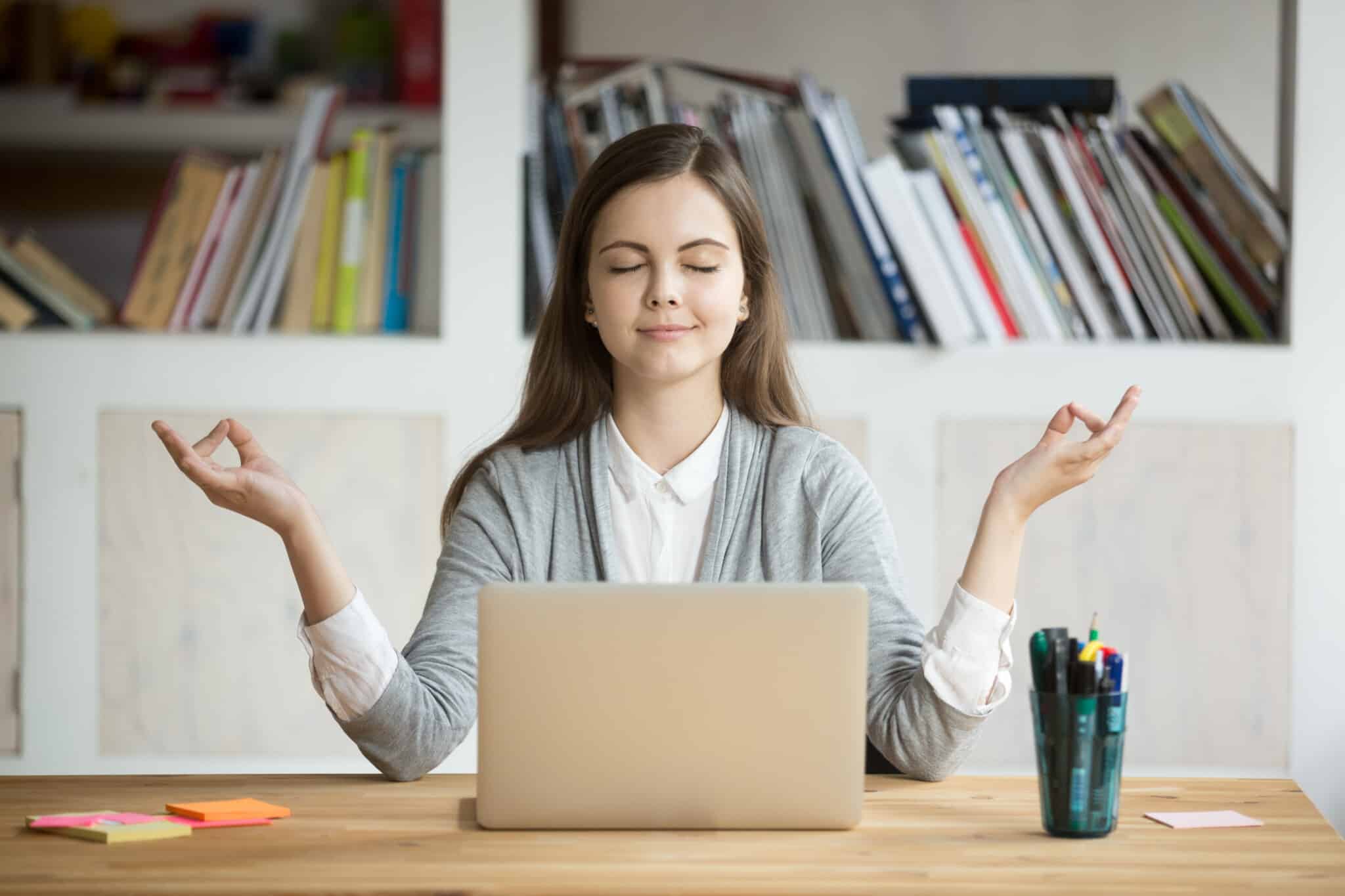 Calm,Woman,Relaxing,Meditating,With,Laptop,,No,Stress,Free,Relief