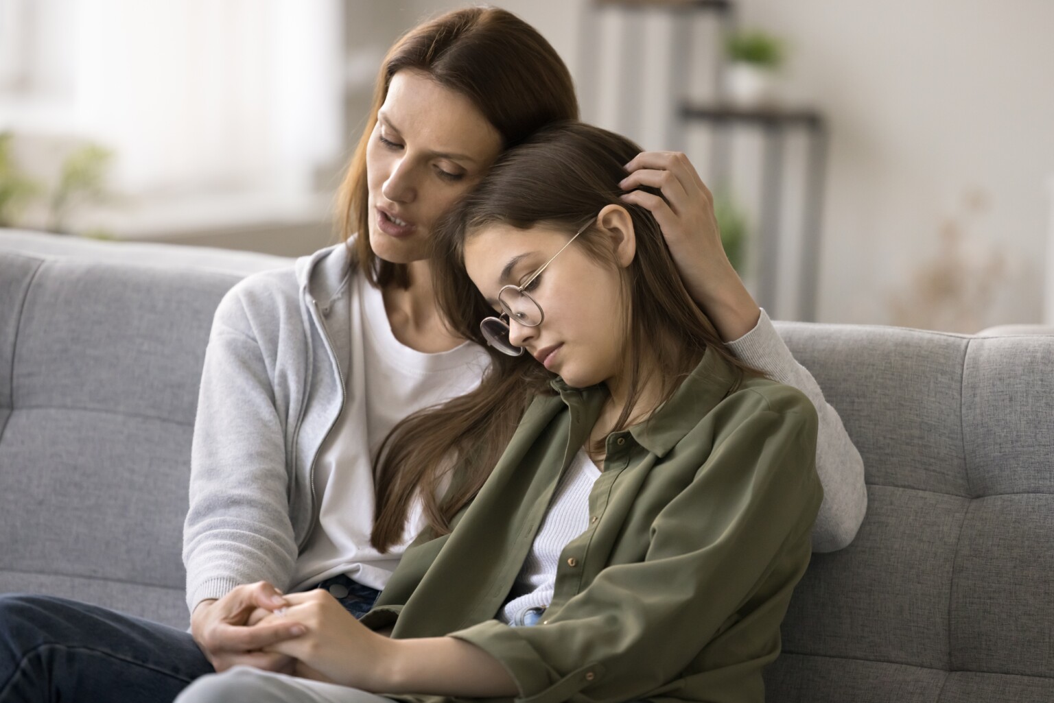 Compassionate,Young,Mother,Comforting,Depressed,Sad,Teen,Girl,,Hugging,Daughter