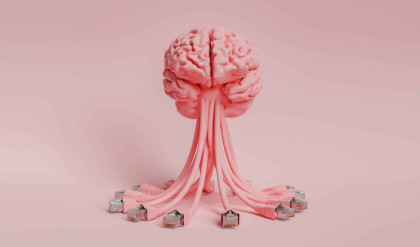 brain with network cables hanging from it in minimal concept of internet, artificial intelligence and learning. 3d rendering