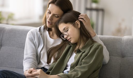Compassionate,Young,Mother,Comforting,Depressed,Sad,Teen,Girl,,Hugging,Daughter